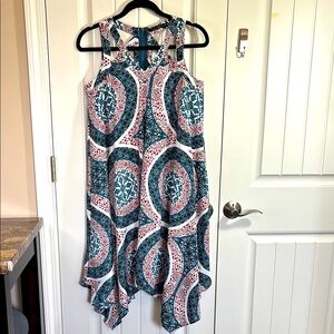 Doe & Rae Strappy Asymmetrical Boho Red White Blue Dress Size Small